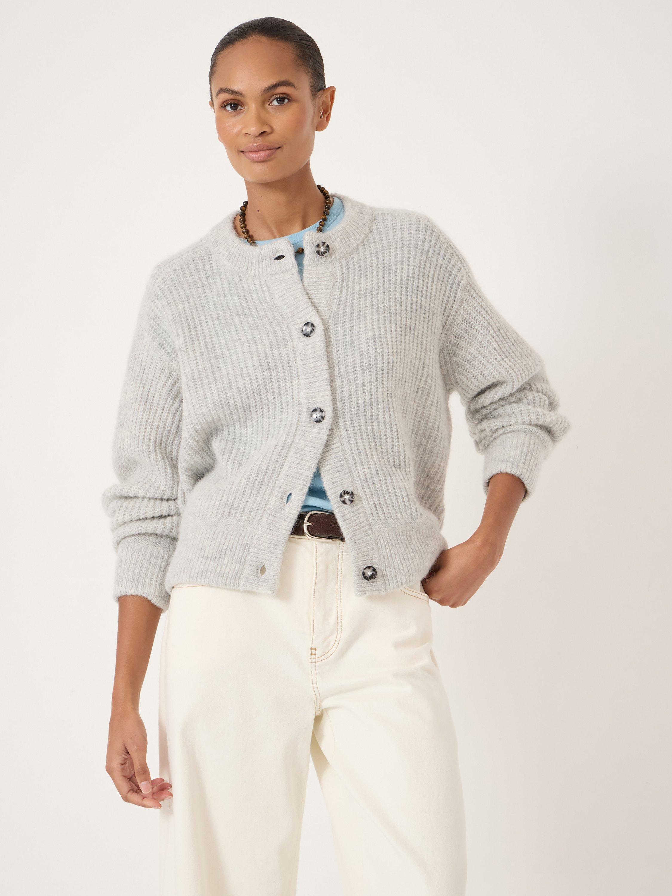 Product image 1 of 5, which shows HUSH Raven Chunky Knit Wool Rich Cardigan, Light Grey Marl, L-XL