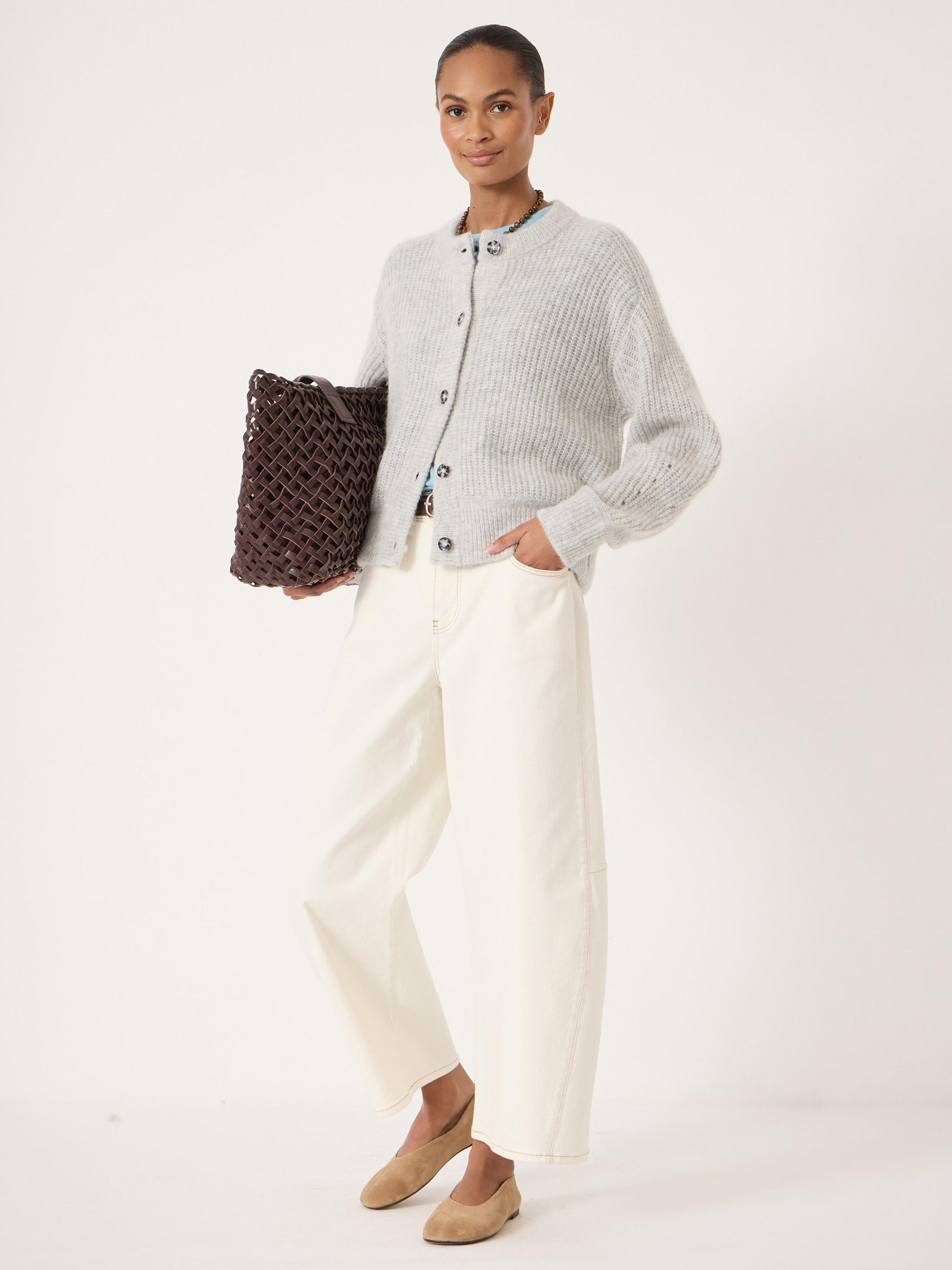 Product image 2 of 5, which shows HUSH Raven Chunky Knit Wool Rich Cardigan, Light Grey Marl, L-XL