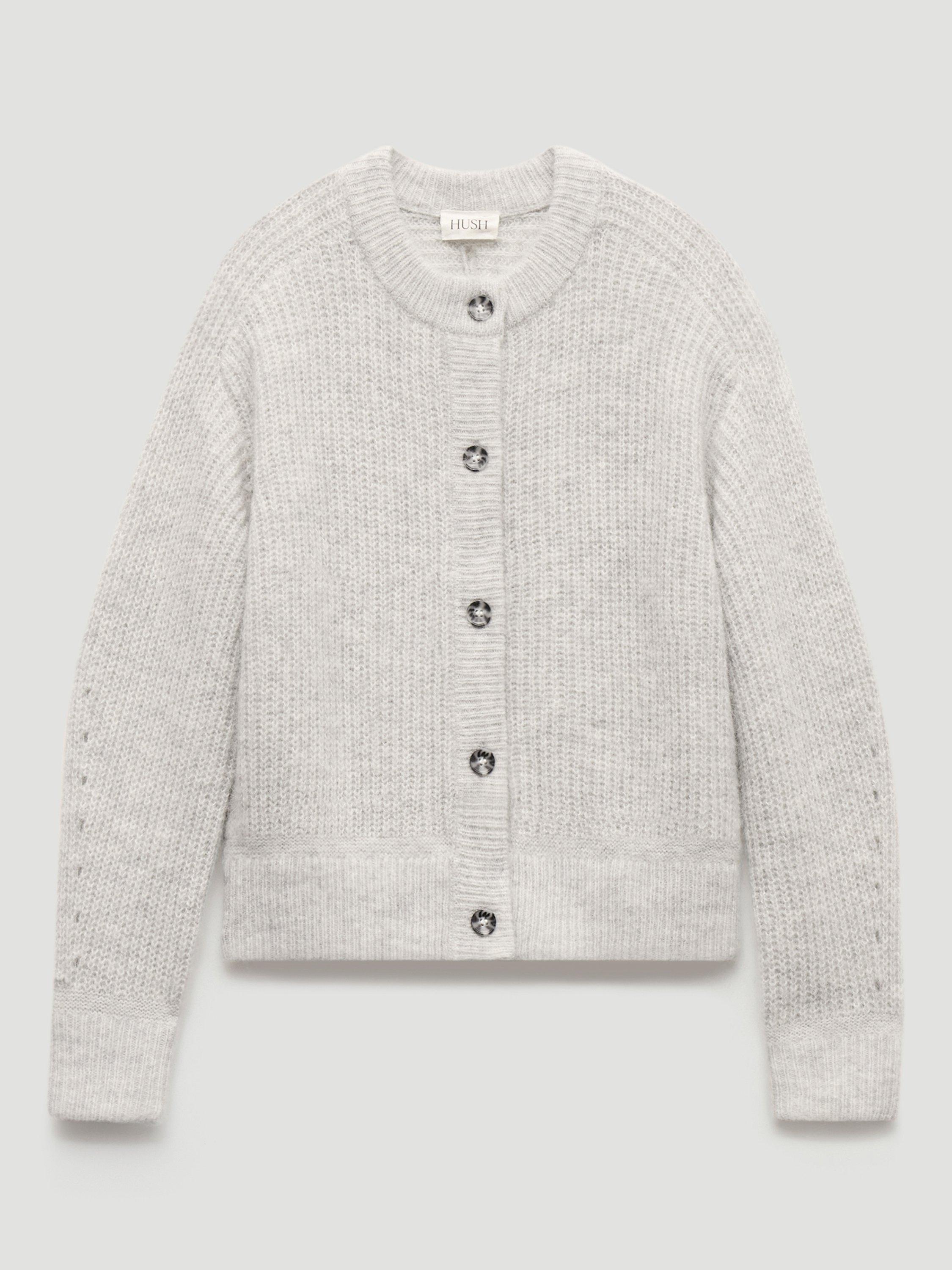 Product image 4 of 5, which shows HUSH Raven Chunky Knit Wool Rich Cardigan, Light Grey Marl, L-XL
