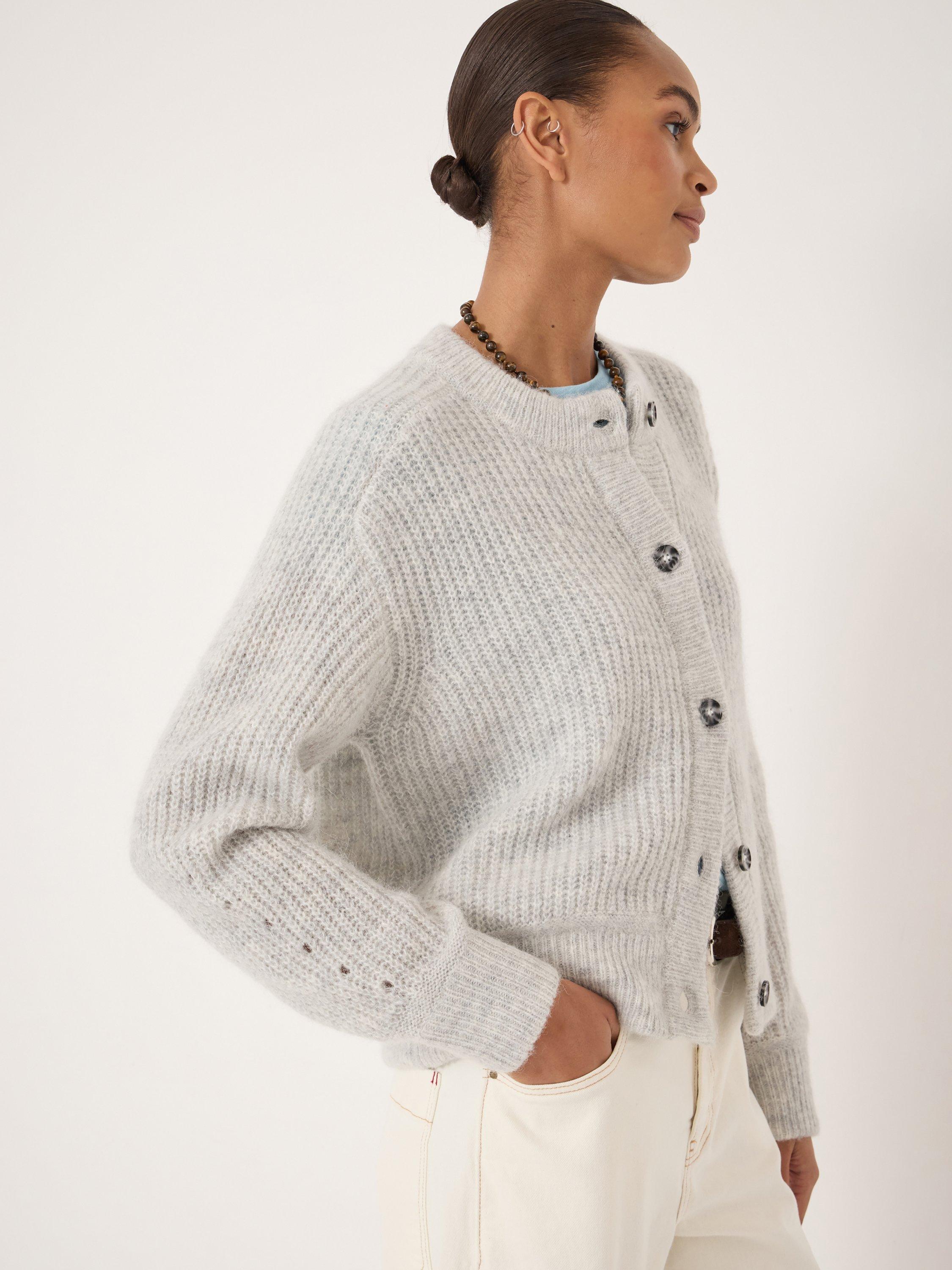 Product image 5 of 5, which shows HUSH Raven Chunky Knit Wool Rich Cardigan, Light Grey Marl, L-XL