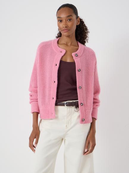 HUSH Raven Chunky Knit Wool Rich Cardigan, Rose Pink