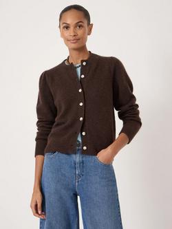 HUSH Puff Shoulder Wool Rich Cardigan, Dark Brown, Dark Brown