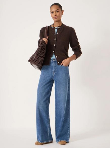 HUSH Puff Shoulder Wool Rich Cardigan, Dark Brown - view 2, Dark Brown