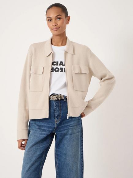 HUSH Zip Boxy Cardigan, Stone White, Stone White