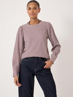 HUSH Emily Gingham Puff Sleeve Top, Wine/Cream, Wine/Cream