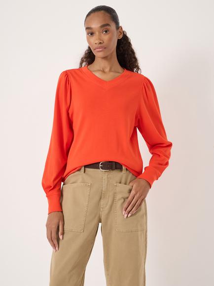 HUSH Emily Cotton Puff Sleeve V Neck Jersey Top, Orange