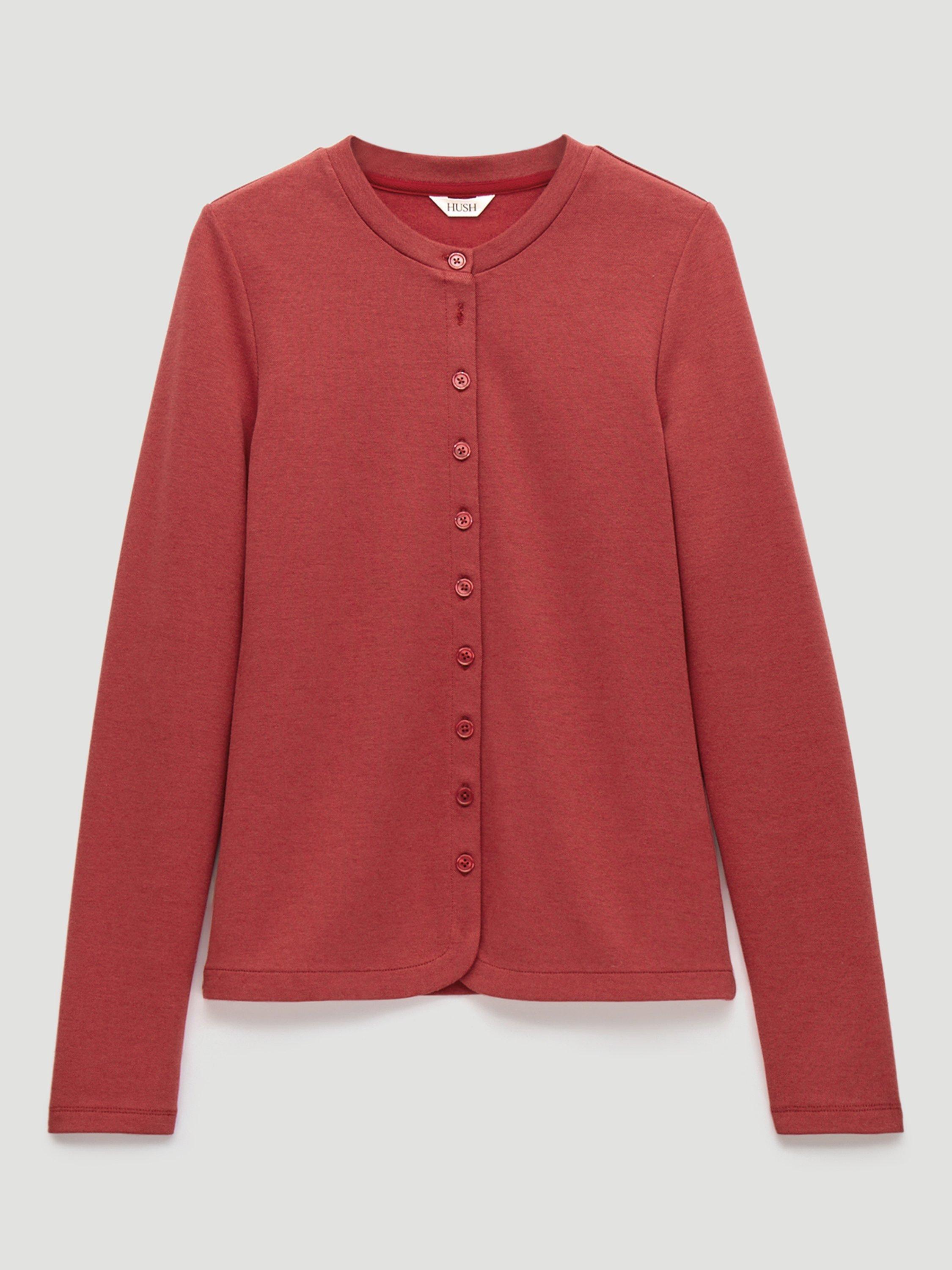 Product image 4 of 6, which shows HUSH Button Detail Jersey Cardigan, Ruby Red, L