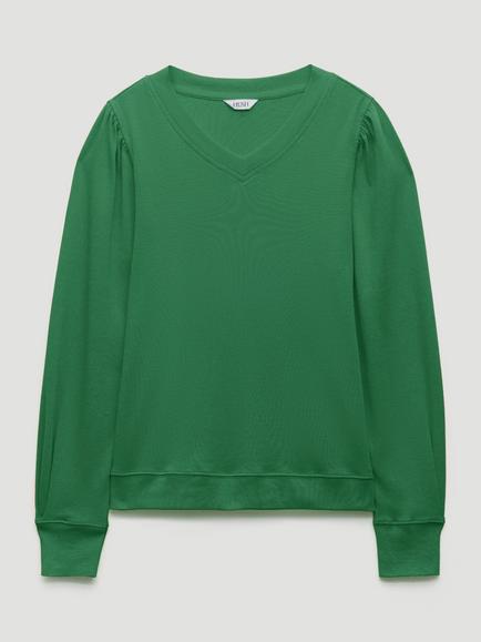 HUSH Emily Cotton Puff Sleeve V Neck Jersey Top, Verdant Green