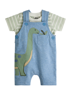 JoJo Maman Bébé Baby Dino Top and Dungaree Set, Light Blue Marl, Light Blue Marl