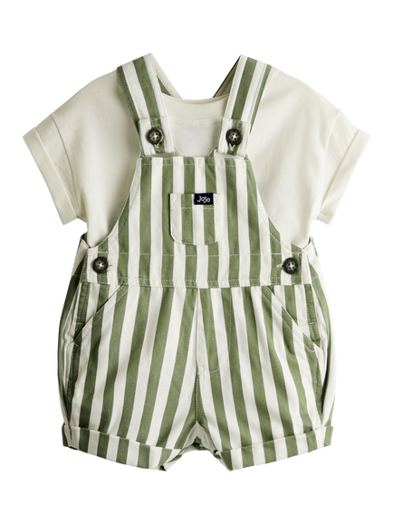 JoJo Maman Bébé Baby Twill Stripe Dungarees & T-Shirt Set, Khaki Green, Khaki Green