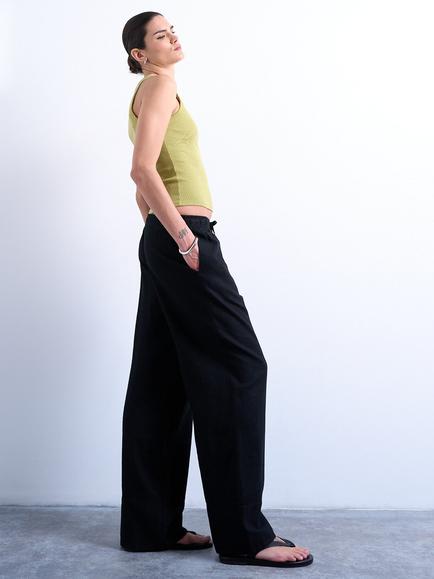 Topshop Wide Leg Linen Blend Trousers, Black - view 2, Black