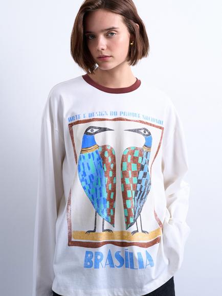 Topshop Graphic Skater Long Sleeve Top, White/Multi, White/Multi