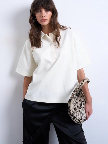 Topshop Short Sleeve Cotton Blend Polo Top, Off White, White