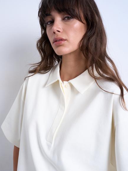 Topshop Short Sleeve Cotton Blend Polo Top, Off White - view 2, White