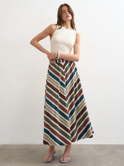 Topshop Cotton Stripe Circle Maxi Skirt, Cream/Brown, Cream/Brown