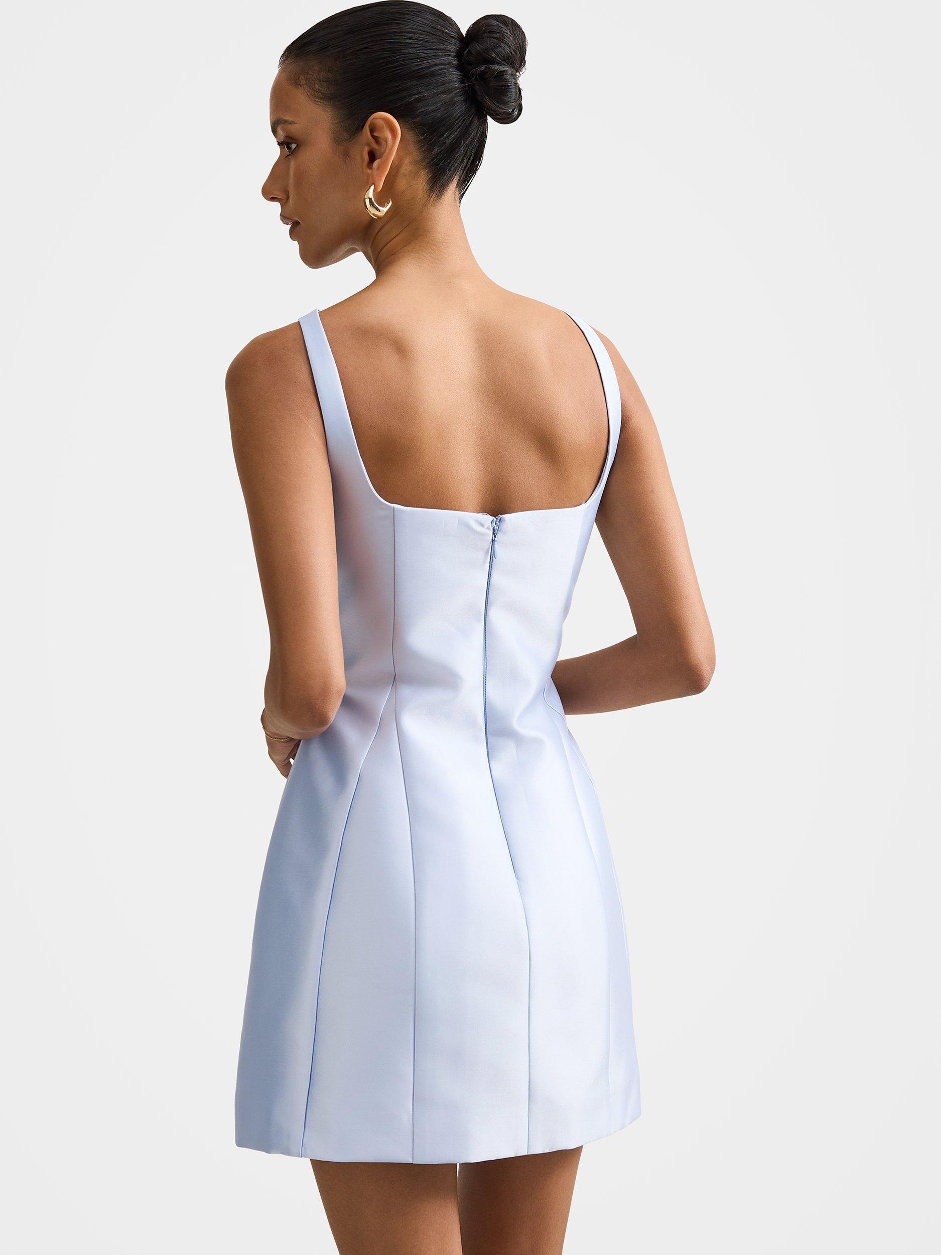 Product image 2 of 5, which shows Forever New Petite Kaitlyn Satin Mini Dress, Cloud Blue, 4