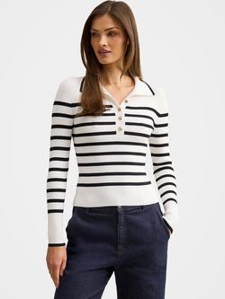 Forever New Sasha Stripe Rib Knit Polo Top, Black/White, Black/White