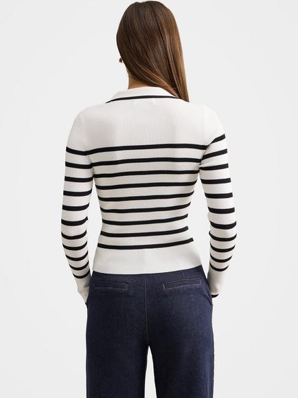 Forever New Sasha Stripe Rib Knit Polo Top, Black/White - view 2, Black/White