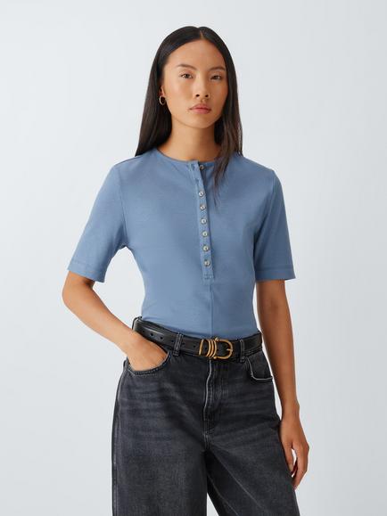 AND/OR Henley Ribbed Stretch Cotton Long Sleeve Top, Blue