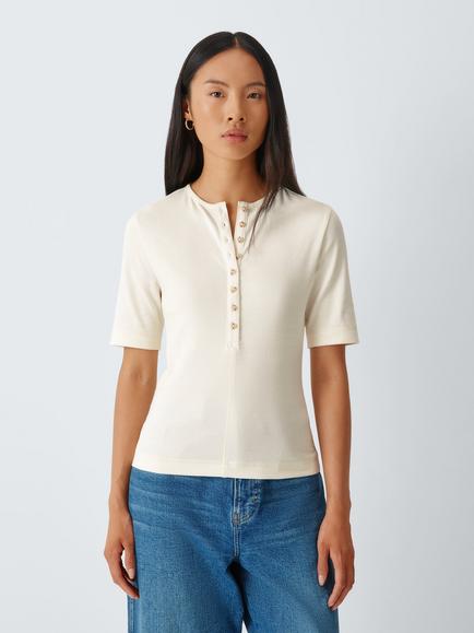 AND/OR Henley Ribbed Stretch Cotton Long Sleeve Top, Ivory