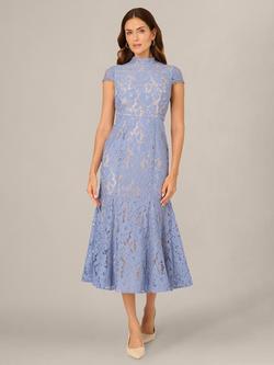 Adrianna Papell Lace Mermaid Midi Dress, French Blue/Blush, French Blue/Blush