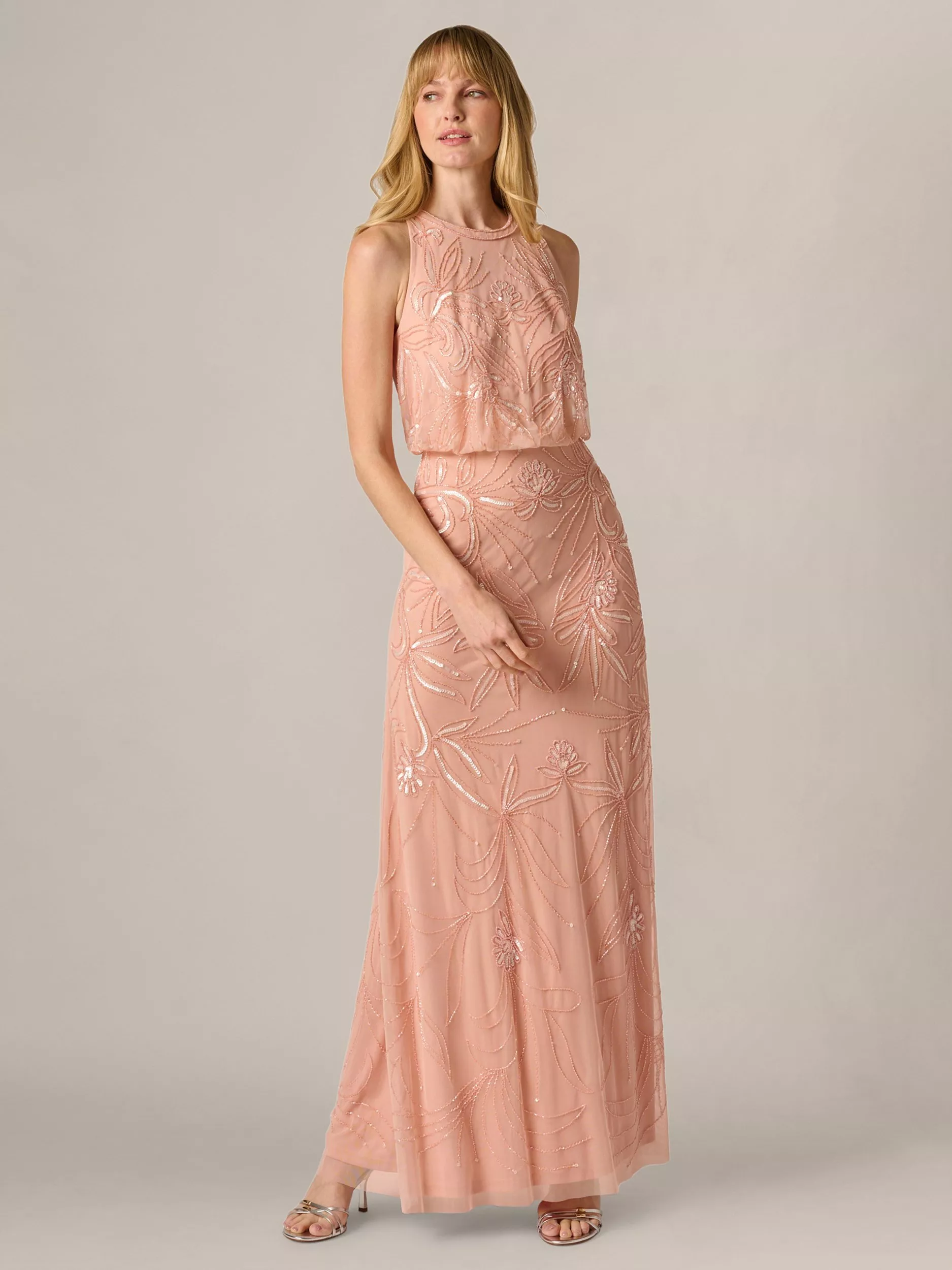 coral beaded maxi dress A-Line Maxi Dress with Sweetheart Neckline and Beaded Floral Accents main image 0