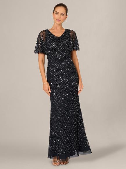 Adrianna Papell Beaded Cowl Neck Maxi Dress, Midnight, Midnight