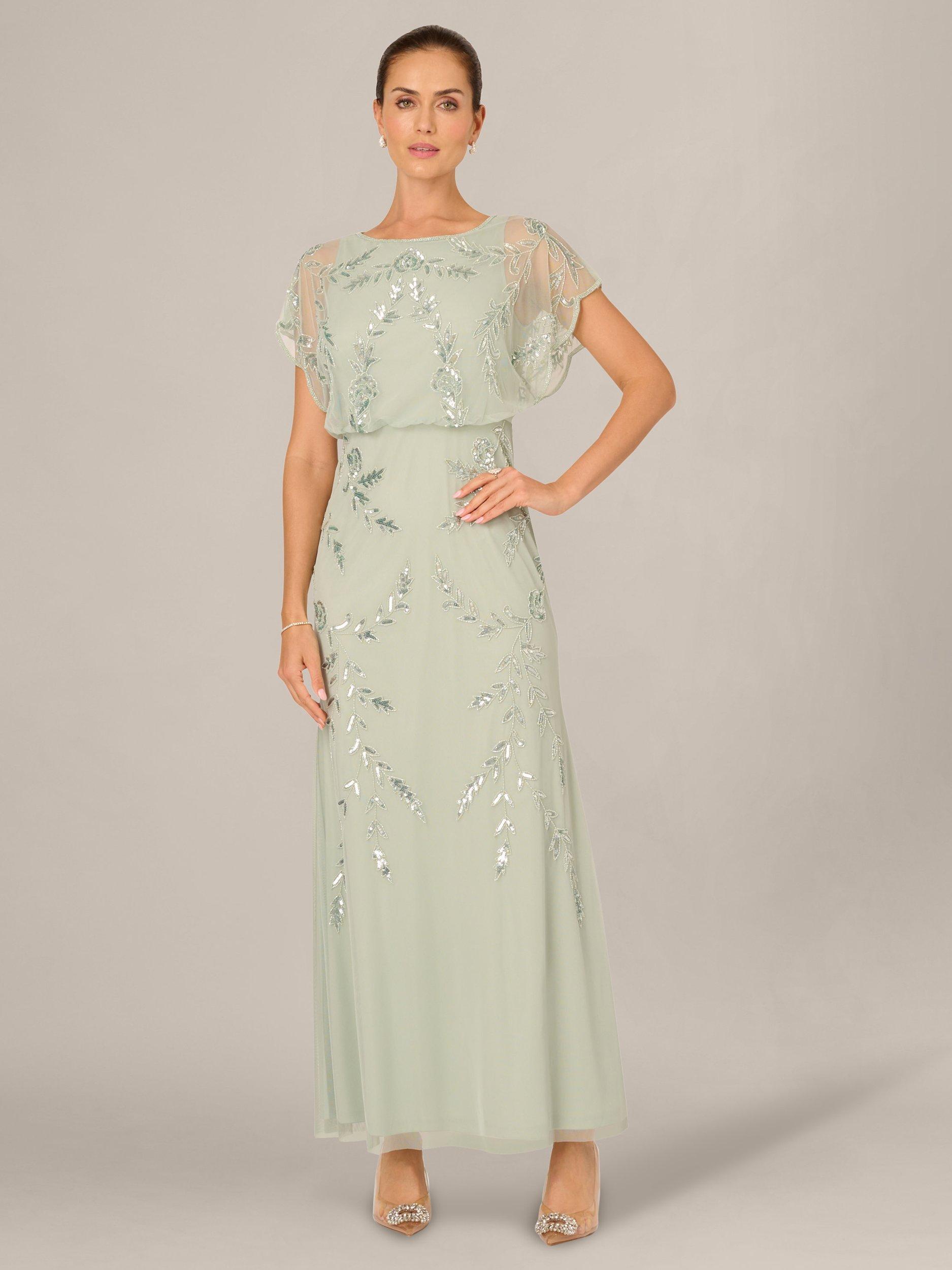Adrianna Papell Studio Leaf Beaded Flutter Blouson Dress, Icy Sage