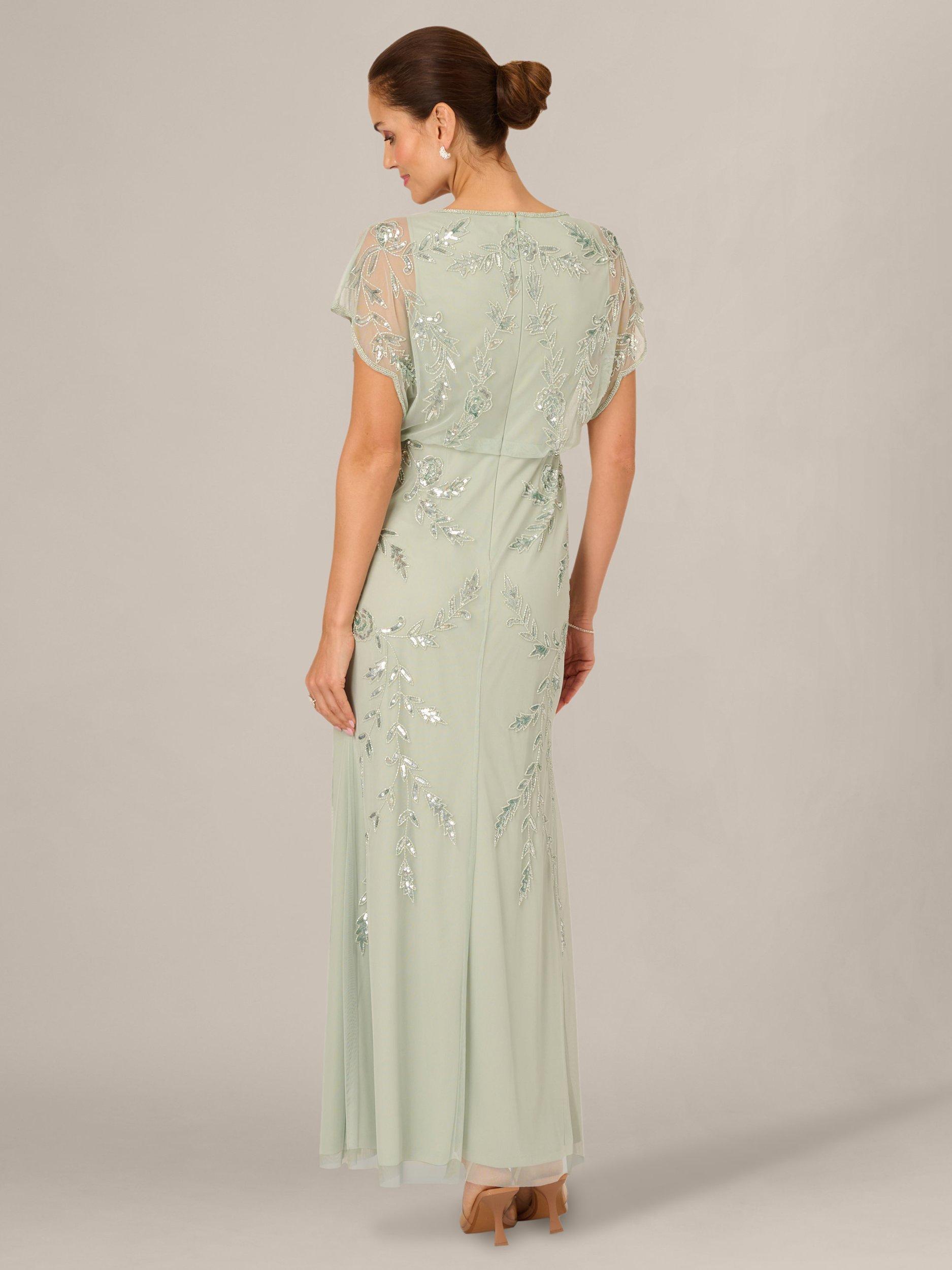 Adrianna Papell Studio Leaf Beaded Flutter Blouson Dress, Icy Sage