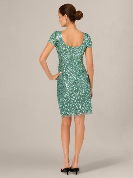 Adrianna Papell Beaded Mesh Sheath Dress, Green Slate - view 2, Green Slate