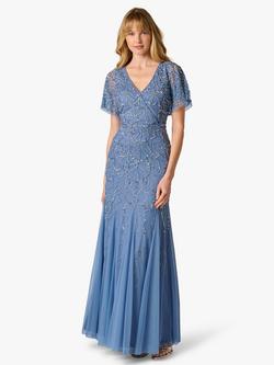 Adrianna Papell Beaded Mesh Surplice Mermaid Dress, French Blue, French Blue