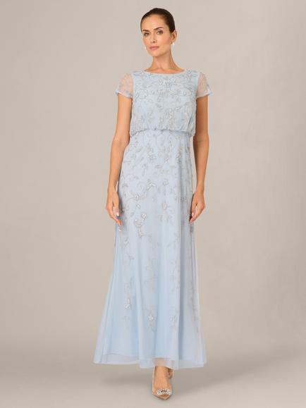 Adrianna Papell Studio Beaded Blouson Maxi Dress, Elegant Sky, Elegant Sky
