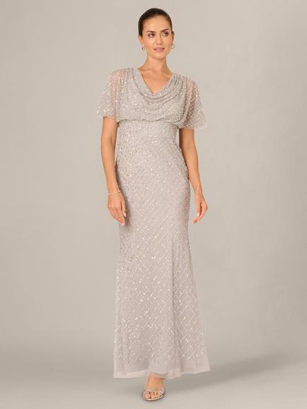 Adrianna Papell Beaded Cowl Drape Maxi Dress, Crystal Silver, Crystal Silver