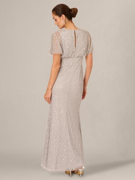 Adrianna Papell Beaded Cowl Drape Maxi Dress, Crystal Silver - view 2, Crystal Silver