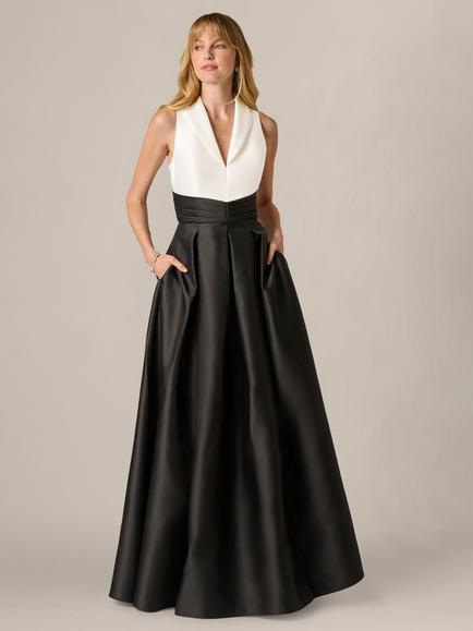 Adrianna Papell Colour Block Mikado Maxi Dress, Black/Ivory, Black/Ivory