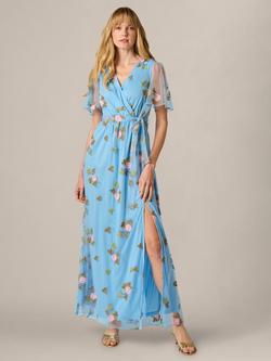 Adrianna Papell Embroidered Floral Flutter Maxi Dress, Light Blue/Multi, Light Blue/Multi