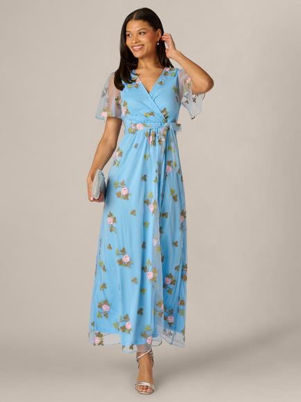Adrianna Papell Embroidered Floral Flutter Maxi Dress, Light Blue/Multi, Light Blue/Multi