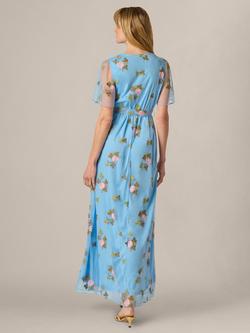 Adrianna Papell Embroidered Floral Flutter Maxi Dress, Light Blue/Multi - view 2, Light Blue/Multi