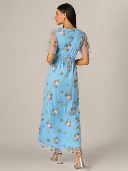 Adrianna Papell Embroidered Floral Flutter Maxi Dress, Light Blue/Multi - view 2, Light Blue/Multi