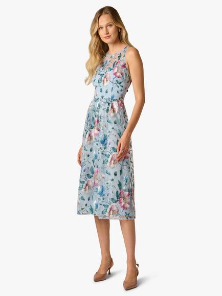 Adrianna Papell Embroidered Floral Midi Dress, Blue/Multi, Blue/Multi