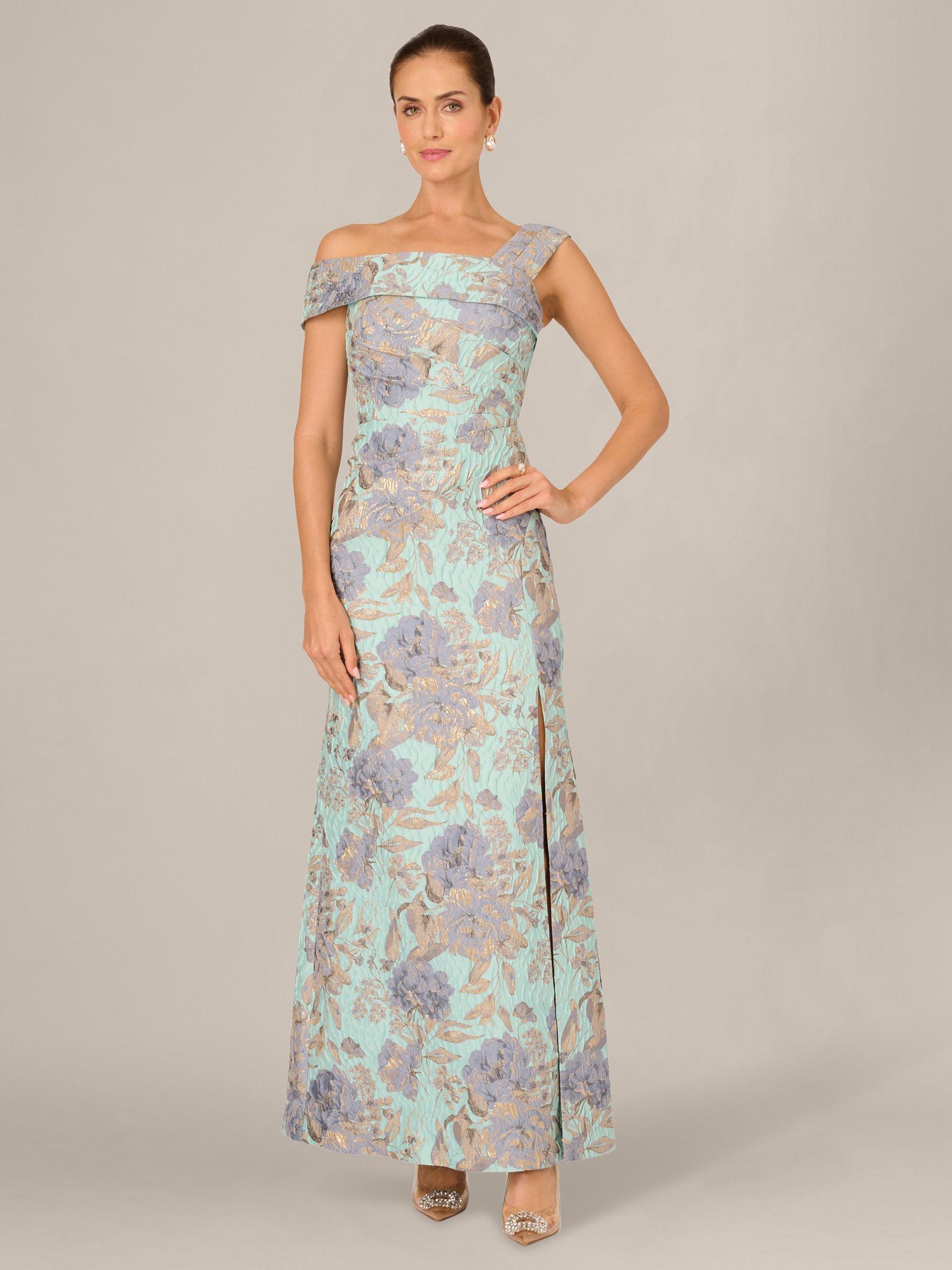 knee length dresses for ladies Blue Multi Metallic Iris Floral Organza Gown main image 1