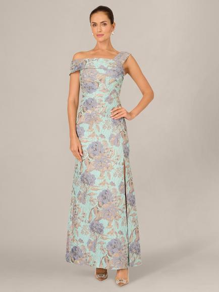 Adrianna Papell Floral Jacquard Mermaid Dress, Blue/Mint Multi, Blue/Mint Multi