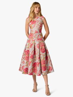 Adrianna Papell Floral Jacquard Pleated Midi Dress, Pink/Blue, Pink/Blue