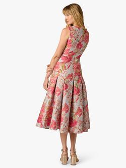Adrianna Papell Floral Jacquard Pleated Midi Dress, Pink/Blue - view 2, Pink/Blue