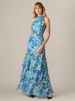 Adrianna Papell Halterneck Floral Glazed Chiffon Dress, Blue/Multi, Blue/Multi