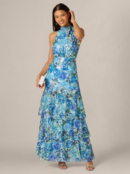Adrianna Papell Halterneck Floral Glazed Chiffon Dress, Blue/Multi, Blue/Multi