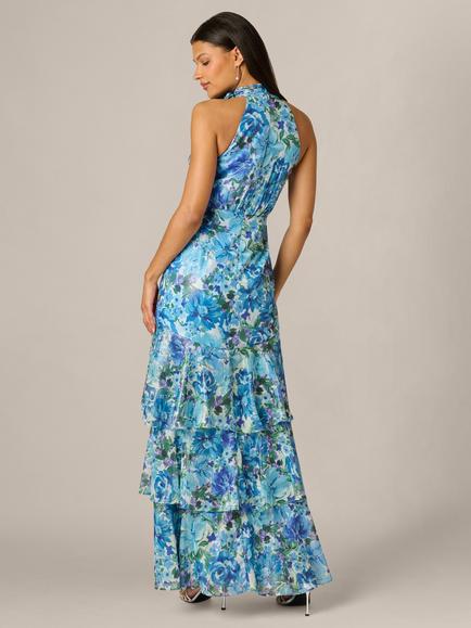 Adrianna Papell Halterneck Floral Glazed Chiffon Dress, Blue/Multi - view 2, Blue/Multi