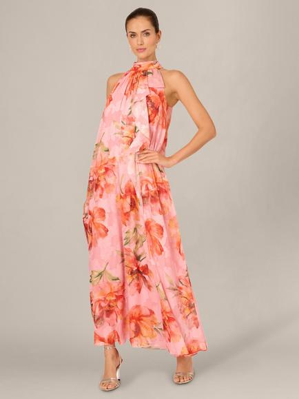 Adrianna Papell Halterneck Floral Trapeze Dress, Pink/Multi, Pink/Multi