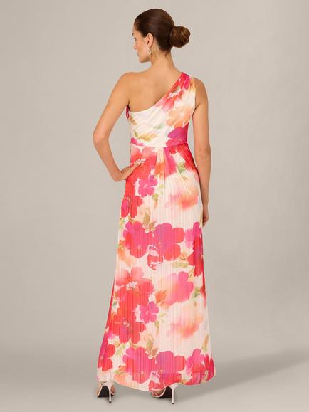 Adrianna Papell One Shoulder Floral Chiffon Dress, Ivory/Pink - view 2, Ivory/Pink