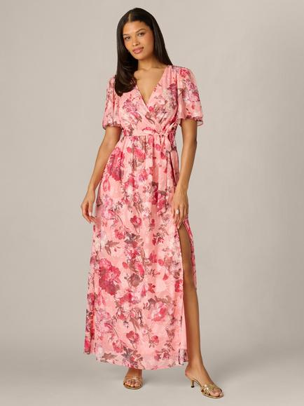 Adrianna Papell Floral Embroidered Wrap Dress, Blush/Multi, Blush/Multi